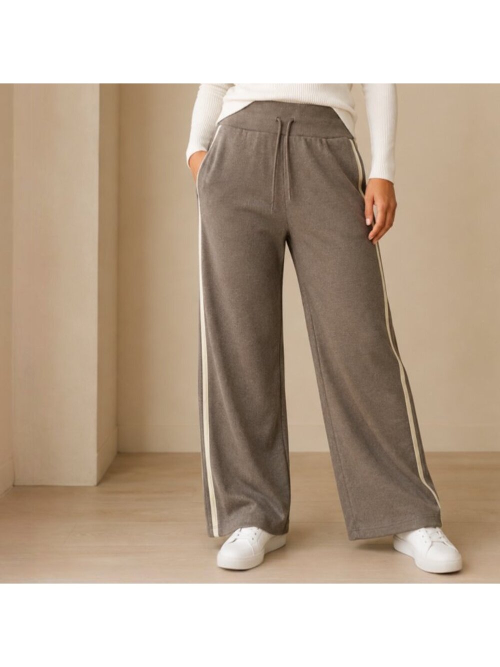 Halara Pants Medium Taupe Ribbed Wide Leg High Rise Stripe Loungewear Sweatpants